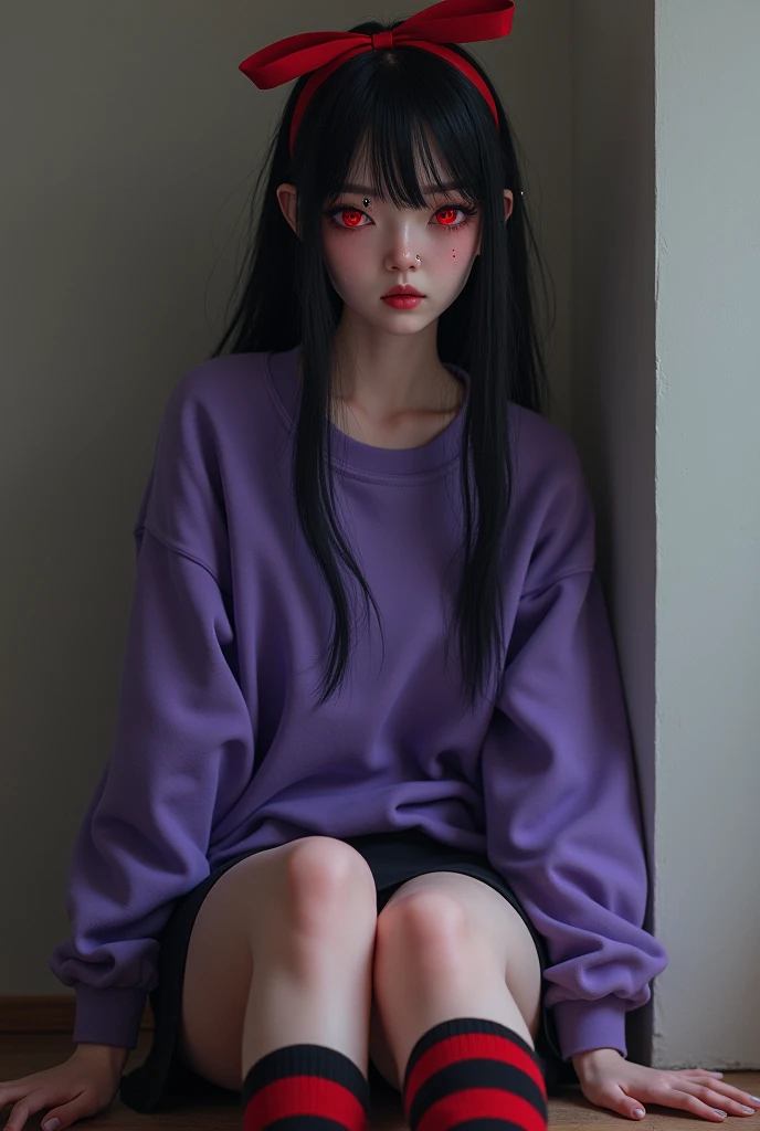 White-skinned woman with long, slightly tousled black hair, Red eyes, two piercings in one ear, purple sweatshirt, short black skirt, red and black striped socks and a simple red ribbon bow in her hair
