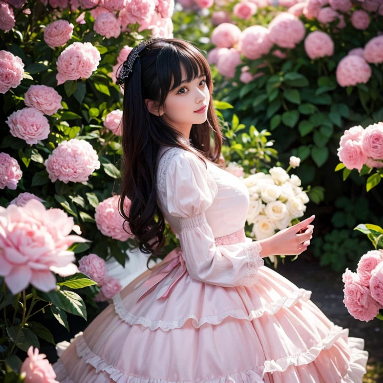 Side view,side angle, Bow tie at the back of the waist, There is a bow on the back,Sideways photo, Skirt length to calf, cupcake dress, Layered skirt with lace on each layer, Put on a lolita dress, layered dress, Pink Lolita dress, lots of lace, Long sleeve, Wide sleeves, Big Skirt, Layered lace skirt, Lace skirt,Puff sleeves, Wide sleeves, Transparent sleeves, intricate details showcase the ruffles and intricate designs of the Lolita dress, Wearing a lolita dress, in a sea of flowers, best quality, Delicate face,beautiful visual work, lifelike, eternity, black hair, Long curly hair, blunt bangs, Smile, Detailed Background, Delicate face,blush,cold,((masterpiece))、(top quality)、8k、high detail、Super detailed,41 years old,woman, masterpiece、born、Scenes resembling fairy tale illustrations、intricate details和複雜的設計、Beautifully、magic、capricious、 Beautifully、Dream aesthetics、「𝓡𝓸𝓶𝓪𝓷𝓽𝓲𝓬、ethereal、charming、fickle、magic」、realism、Visual effects、FXAA、SSAO、Shader、voiceless、ambient lighting、Tone mapping、High resolution、Ultra high quality、Million pixels、(8K resolution:1.10)、8k、8k以下、8K resolution、high detail、intricate details, (high quality:1.2、masterpiece:1.2、:1.21)、(41 years old,woman:1.21)、(興奮地Smile)、(Surrounded by a dreamy atmosphere、Model diagram,full-body shot,Normal 2 feet,Put your hands behind your back,Breast protrusion visible when wearing clothes, Large Breasts, H cup chest, pink dress, Don't show your fingers, full-body shot, full-body shot,full-body shot,full-body shot,full-body shot,full-body shot,full-body shot,full-body shot,Hands hidden in clothes, Hands hidden in clothes,Hands hidden in clothes,Hands hidden in clothes,Hands hidden in clothes,Hands hidden in clothes,Hands hidden in clothes,Hands hidden in clothes,Hands hidden in clothes, ,Hide your hands in your sleeves ,Hide your hands in your sleeves ,Hide your hands in your sleeves ,Hide your hands in your sleeves ,Hide your hands in your sleeves ,Hide your hands in your sleeves ,Hide your hands in your sleeves ,Hide your hands in your sleeves,skirt length to calf, side view