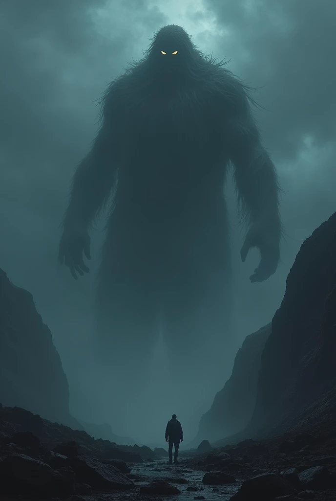 The total length is over 30 meters. It lurks in a dark cloud and emits electromagnetic waves from its body. Night sky in a mountainous area shrouded in fog and strong winds. It has an ambiguous shape, like a shadow, and does not reflect light, becoming one with the darkness. The eerie eyes glow faintly, and the overall atmosphere is mysterious and frightening,