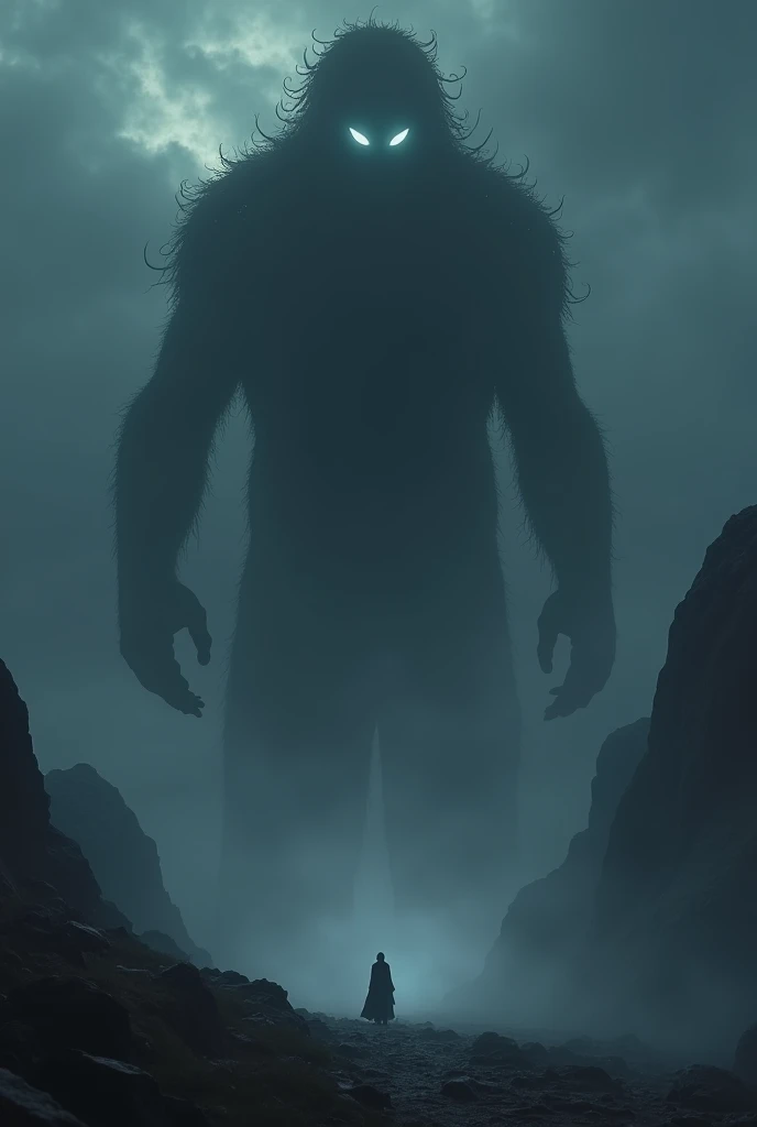 The total length is over 30 meters. It lurks in a dark cloud and emits electromagnetic waves from its body. Night sky in a mountainous area shrouded in fog and strong winds. It has an ambiguous shape, like a shadow, and does not reflect light, becoming one with the darkness. The eerie eyes glow faintly, and the overall atmosphere is mysterious and frightening,