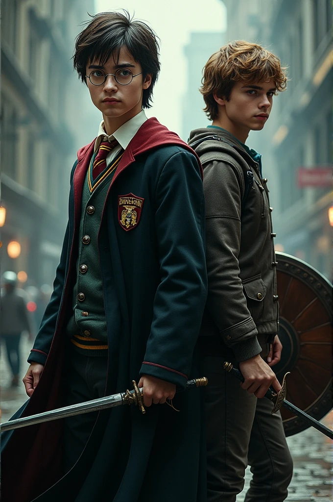 Harry potter with wand and Percy Jackson with sword and shield