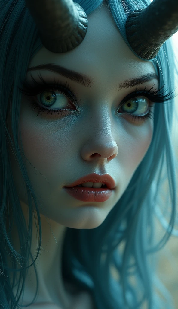 a female demon watching the destruction of japan, beautiful detailed eyes, beautiful detailed lips, extremely detailed eyes and face, long eyelashes, realistic, photorealistic, photo-realistic:1.37, best quality,4k,8k,highres,masterpiece:1.2,ultra-detailed, horror, dark fantasy, dark atmosphere, dramatic lighting, moody, cinematic, muted colors, cool tones
