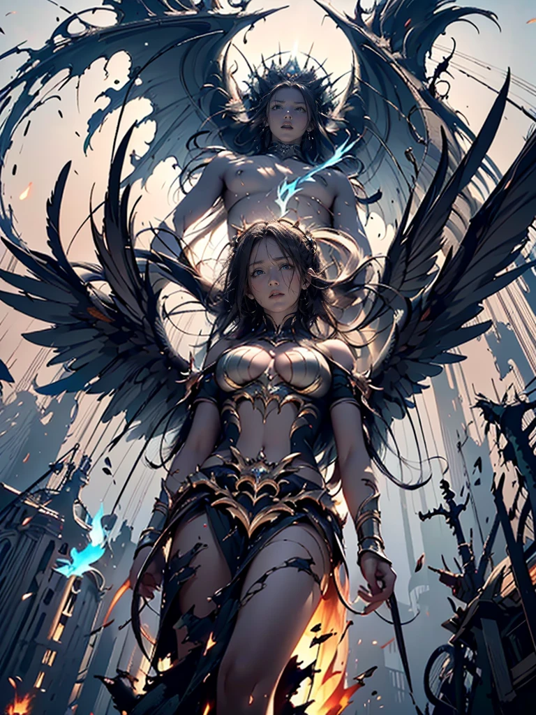 destroyed city, (100 meter tall huge goddess floating, emits light from all over the body, lost pupils, last judgment, blue flame), weapon, aerial angle from below,