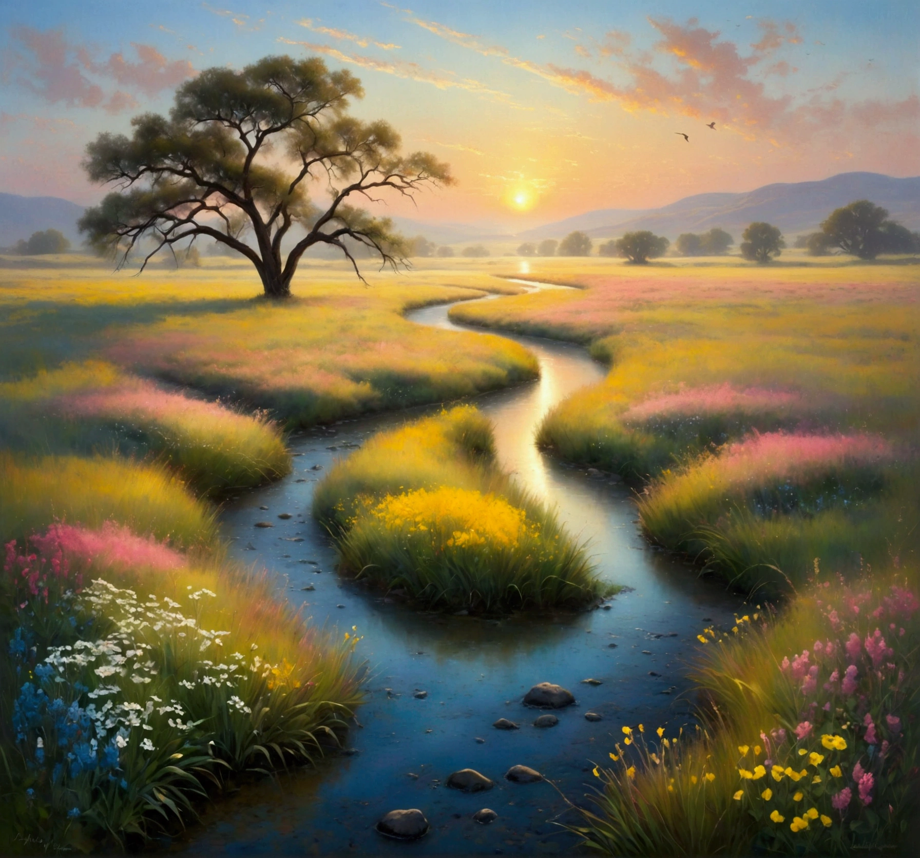 (Sunrise Time:1.6), A serene image of an enchanting landscape at dawn. The sky is painted with the first light of day - soft pinks, warm yellows, and gentle blues intermingling to greet the morning. In the foreground, dew-kissed grasslands stretch out to the horizon, dotted with the early blooms of wildflowers in a spectrum of colors. A tranquil stream meanders peacefully through the scene, mirroring the awakening sky above. A solitary tree, alive with the songs of morning birds, stands proudly at the edge of the meadow. The overall ambiance conveys a sense of peace, freshness, and the breathtaking beauty of nature's awakening，They are in a deep state of contemplation, the serene atmosphere around them speaks of tranquility and solitude, The perspective is from a wide-angle view emphasizing the immense scope of the breathtaking landscape filled with natural elements, The image should evoke a sense of drama and magnitude with the effective use of light and shade