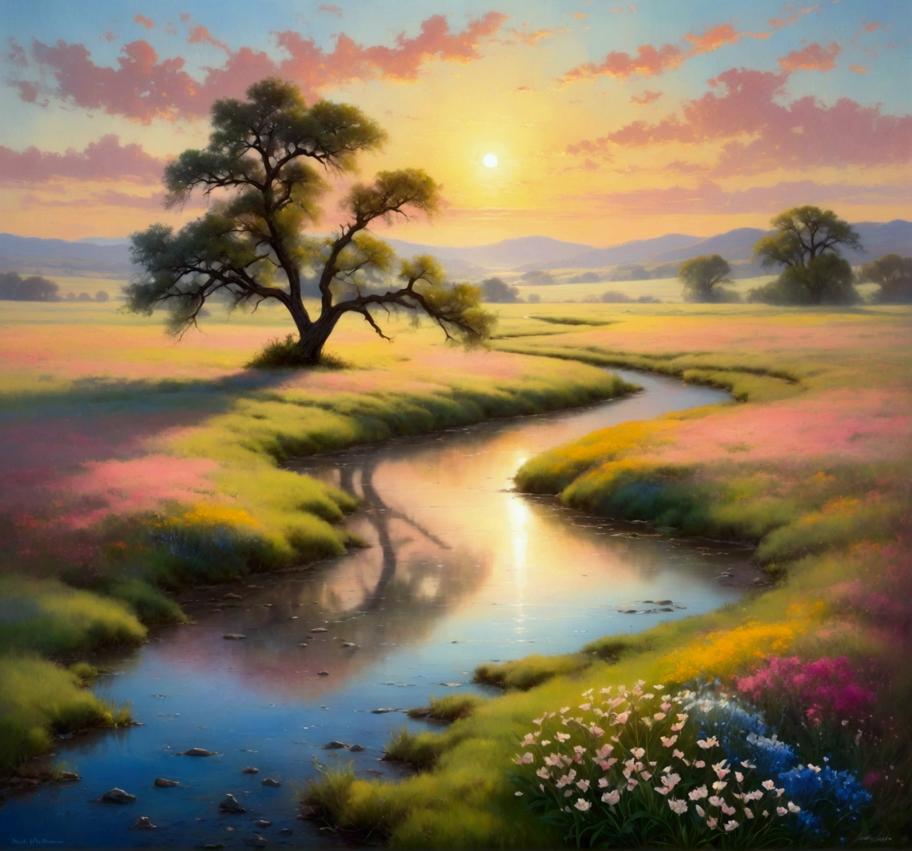 (Sunrise Time:1.6), A serene image of an enchanting landscape at dawn. The sky is painted with the first light of day - soft pinks, warm yellows, and gentle blues intermingling to greet the morning. In the foreground, dew-kissed grasslands stretch out to the horizon, dotted with the early blooms of wildflowers in a spectrum of colors. A tranquil stream meanders peacefully through the scene, mirroring the awakening sky above. A solitary tree, alive with the songs of morning birds, stands proudly at the edge of the meadow. The overall ambiance conveys a sense of peace, freshness, and the breathtaking beauty of nature's awakening，They are in a deep state of contemplation, the serene atmosphere around them speaks of tranquility and solitude, The perspective is from a wide-angle view emphasizing the immense scope of the breathtaking landscape filled with natural elements, The image should evoke a sense of drama and magnitude with the effective use of light and shade