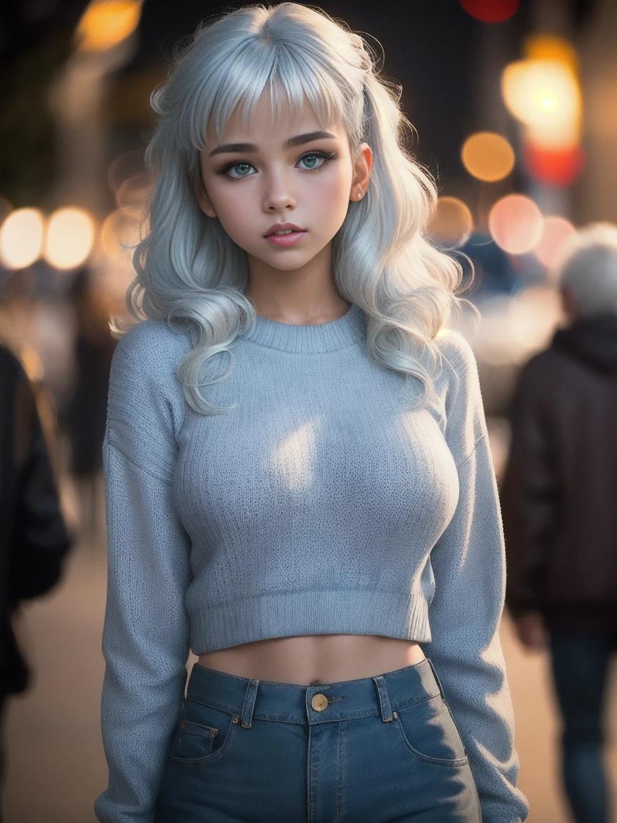 masterpiece, best quality, photography, style of Philip Lorca diCorcia, cinematic film photo of young Caucasian girl aged 18yo, 1girl, solo, blue and white hair, long wavy hair, air bangs, green eyes, tan skin, light makeup, short height, body, athletic body, large breasts, perfect lips, wearing a button-up blue sweater, cropped, wearing blue jeans, cute face, vignette, highly detailed features, high budget, bokeh, cinemascope, moody, epic, gorgeous