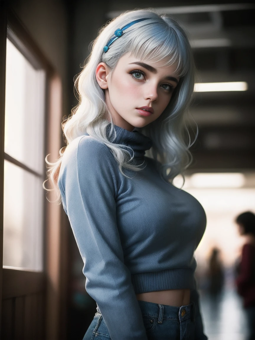 masterpiece, best quality, photography, style of Philip Lorca diCorcia, cinematic film photo of young Caucasian girl aged 18yo, 1girl, solo, blue and white hair, long wavy hair, air bangs, green eyes, tan skin, light makeup, short height,  body, athletic body, large breasts, perfect lips, wearing a button-up blue sweater, cropped, wearing blue jeans, cute face, vignette, highly detailed features, high budget, bokeh, cinemascope, moody, epic, gorgeous