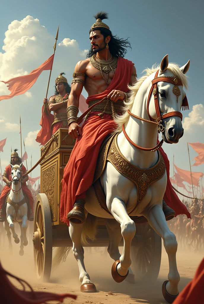 Illustrate Arjuna standing on his ornate chariot, drawn by white horses, with Krishna as the calm and composed charioteer. Arjuna is intensely gazing across the battlefield, focusing on the warriors aligned with Duryodhana. The scene captures the vastness of the battlefield with two armies facing each other, flags fluttering, and warriors poised for combat. The atmosphere is charged with anticipation, with Arjuna keenly observing those who have rallied to fight for Duryodhana, who is seen in the background, exuding arrogance. The image should convey the gravity of Arjuna's contemplation and the looming conflict."