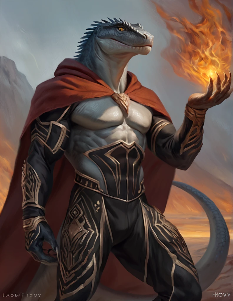 a ferocious male lizardfolk druid, muscular detailed body, gray color body, yellow eyes, masculine pose, tall topless, magic bodysuit, short cloak, comic book style, best quality, 4k, ultra-detailed, realistic, by laobai, by taran fiddler, by honovy