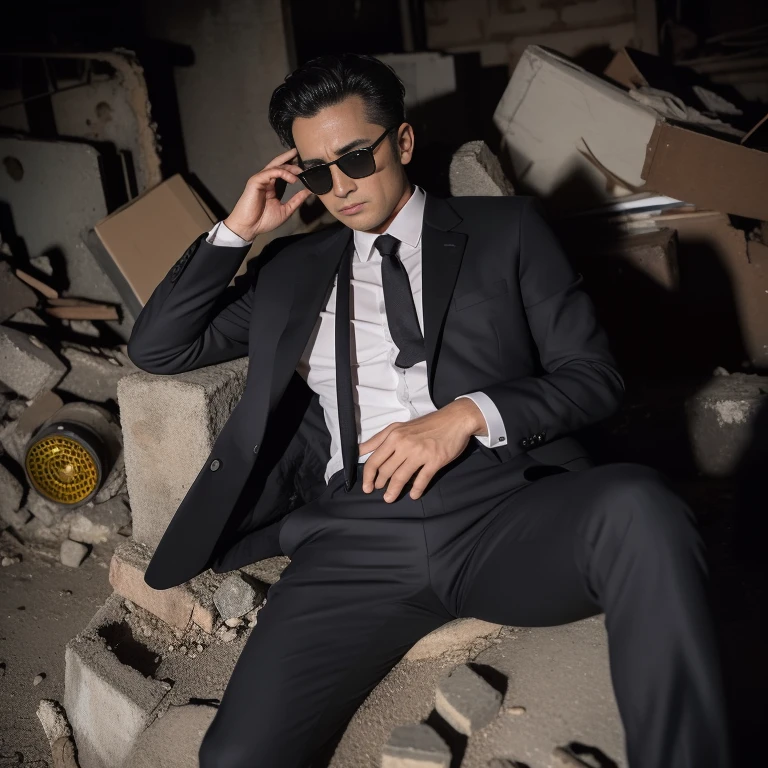 50 years old,One Man,Black Suit,Abandoned factory at night、mafia、explosion、Sleeping with legs spread apart on the rubble、、Pistol,,logic,Gay ,Very Short Hair,Stubble,Black sunglasses,Asian Faces,The groin area swells、I'm screaming View from above Close-up of the crotch area