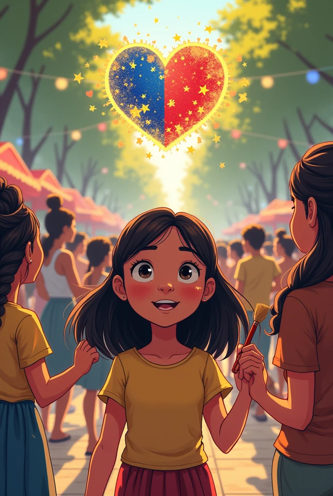 Panel 6:

Setting: A close-up shot of Ana, with the tinikling dancers in the background.
Details: Ana's eyes should be filled with joy and inspiration, and her paintbrush should be held up as if she is ready to capture the moment.
Color palette: A mix of soft and bright colors to create a sense of hope and optimism.
Panel 7:

Setting: A full-page spread featuring the heart made of the Philippine flag colors.
Details: The heart should be surrounded by images of various Filipino art forms, such as music, dance, and literature.
Color palette: A bold and striking use of the Philippine flag colors to create a powerful visual impact.
Komiks: Ang Sining ng Pagkakaisa
 
Panel 1:
 
- Isang batang babae na nakasuot ng tradisyunal na damit ng Pilipino, nakaupo sa isang bangko sa parke, nagpipinta ng isang tanawin ng palayan.
 
Caption: "Si Ana, isang batang artista, ay nagmamahal sa sining ng Pilipinas."
 
Panel 2:
 
- Isang matandang lalaki, nakasuot ng barong tagalog, nakatingin sa gawa ni Ana. Nakangiti siya at tumango.
 
Caption: "Nakita siya ni Mang Ramon, isang batikang pintor, at napahanga sa kanyang talento."
 
Panel 3:
 
- Si Ana at Mang Ramon ay nag-uusap. Nakatingin sila sa gawa ni Ana.
 
Mang Ramon: "Maganda ang obra mo, Ana. May talento ka sa sining."
 
Ana: "Salamat po, Mang Ramon. Mahal ko po ang sining ng Pilipinas."
 
Panel 4:
 
- Si Ana at Mang Ramon ay naglalakad sa parke. Nakikita nila ang mga bata na nagsasayaw ng tinikling.
 
Caption: "Ang sining ng Pilipinas ay buhay na buhay sa bawat sulok ng bansa."
 
Panel 5:
 
- Isang malaking grupo ng mga tao ang nakikiisa sa pagsasayaw ng tinikling. Ang mga bata, matatanda, at mga magulang ay nagsasaya.
 
Caption: "Sa pamamagitan ng sining, nagkakaisa ang mga Pilipino."
 
Panel 6:
 
- Si Ana ay nakangiti habang nakatingin sa mga nagsasayaw. Hawak niya ang kanyang paintbrush.
 
Caption: "Ang sining ng Pilipinas ay isang simbolo ng pagkakaisa at pagmamahal sa ating kultura."
 
Panel 7:
 
- Isang malaking puso na gawa