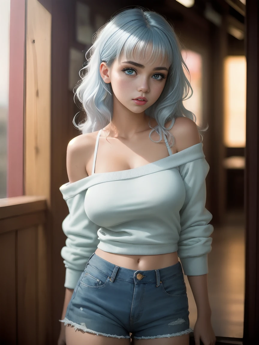 masterpiece,best quality, photography, style of Philip Lorca diCorcia, cinematic film photo of young Caucasian girl aged 18yo, 1girl, solo, blue and white hair, long wavy hair, air bangs, green eyes, tan skin, light makeup, short height, body, athletic body, large breasts, perfect lips, wearing a blue sweatshirt, worn off the shoulder, wearing jean shorts, cute face, vignette, highly detailed features, high budget, bokeh, cinemascope, moody, epic, gorgeous