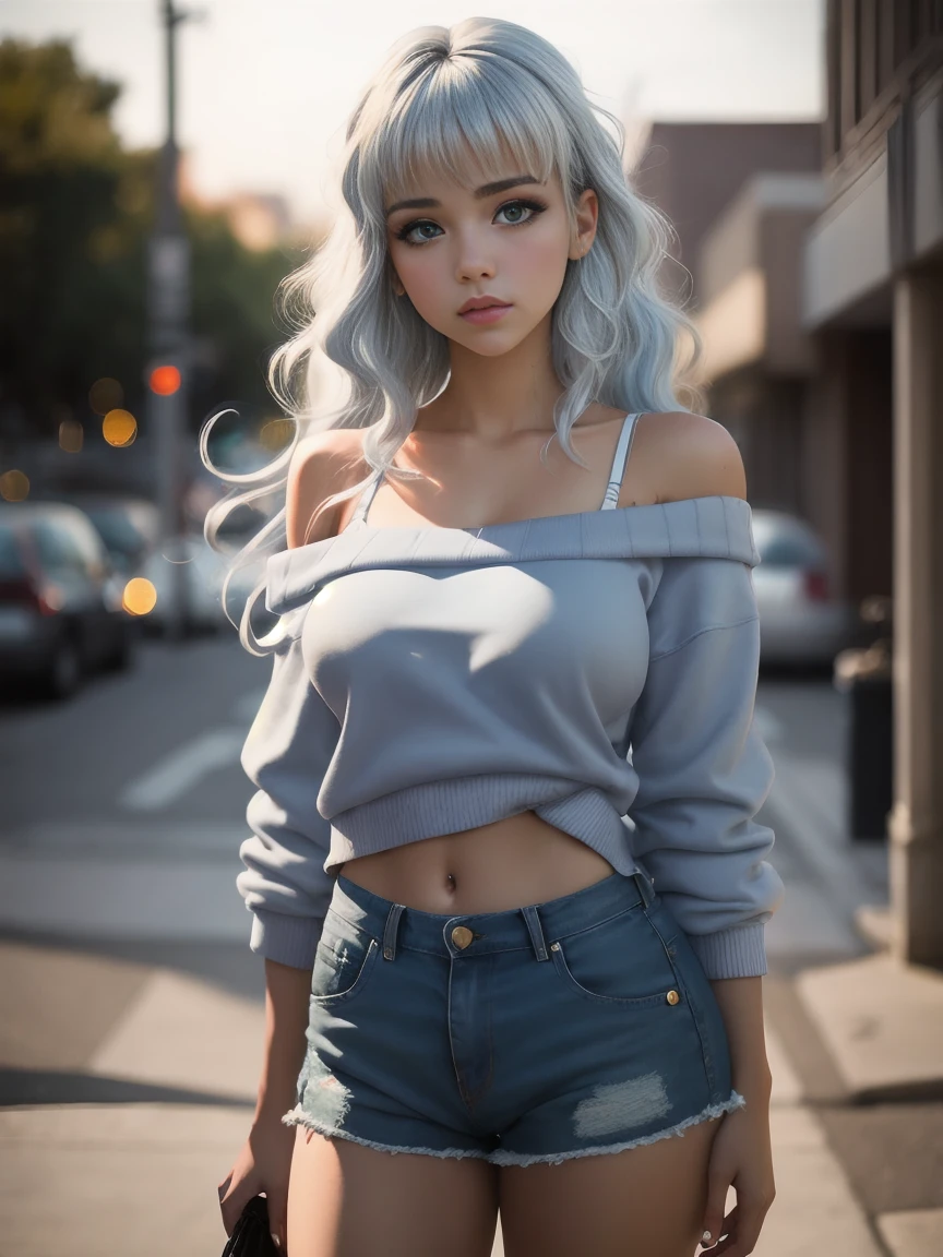 masterpiece,best quality, photography, style of Philip Lorca diCorcia, cinematic film photo of young Caucasian girl aged 18yo, 1girl, solo, blue and white hair, long wavy hair, air bangs, green eyes, tan skin, light makeup, short height, body, athletic body, large breasts, perfect lips, wearing a blue sweatshirt, worn off the shoulder, wearing jean shorts, cute face, vignette, highly detailed features, high budget, bokeh, cinemascope, moody, epic, gorgeous
