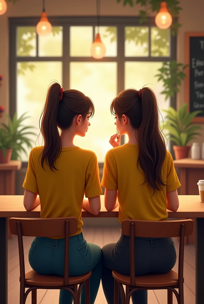 A backside view of a man and a woman wearing yellow top and with ponytail sitting in a coffee shop with a space for typing a story
