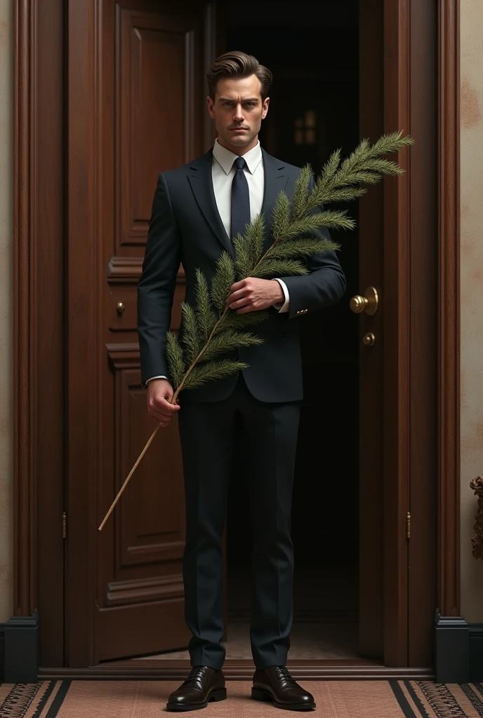 (photorealism:1.2),a handsome lawyer, standing before the door, Leichhardt pine in hand,