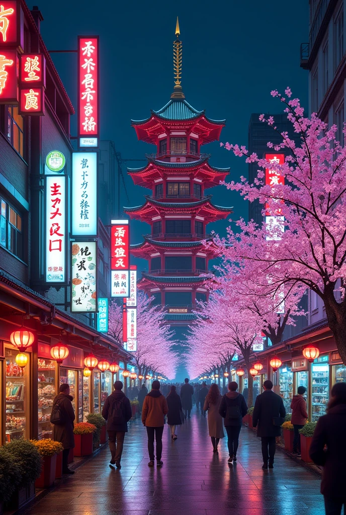 asian japanese chinese busy shops pagoda with neon signages like hologram, cherry blossoms, festive, night, crosswalk,cyberpunk futuristic