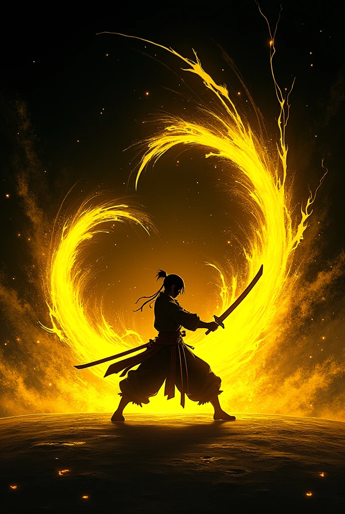 ((Best Quality)), ((masterpiece)), ((detailed)), ((High Definition)), an aura of sword slashes in anime style, all yellow color, with the black silhouette of a simple person in the center, dynamic movement, fighting pose, lightning steps . With a black background.