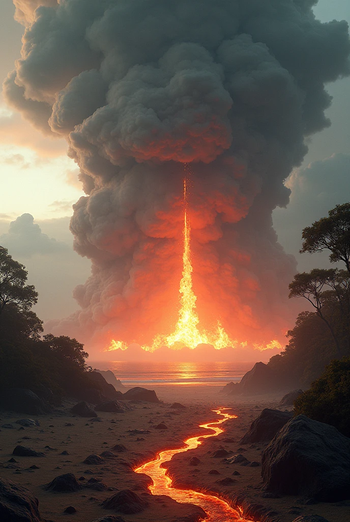 a massive asteroid impact on a Earth planet, apocalyptic and dramatic sci-fi scene, highly detailed, cinematic, dramatic lighting, volumetric clouds, debris field, cracked ground, glowing lava, fiery explosion, cinematic camera angle, concept art style, muted color palette, photorealistic, 8k, best quality, beach, forest 