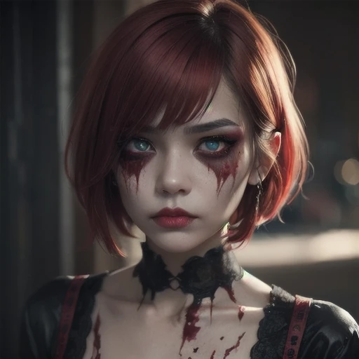 (photorealism:1.2), filipina, pinay, marano girl, undead creepy Emo girl, beautiful eyes, disturbingly gorgeous face, plump pouting lips, striking red hair with bangs over eyes pixie bob cut, nervous expression, (empty eyes), Bags under eyes, macabre gothic makeup macabre