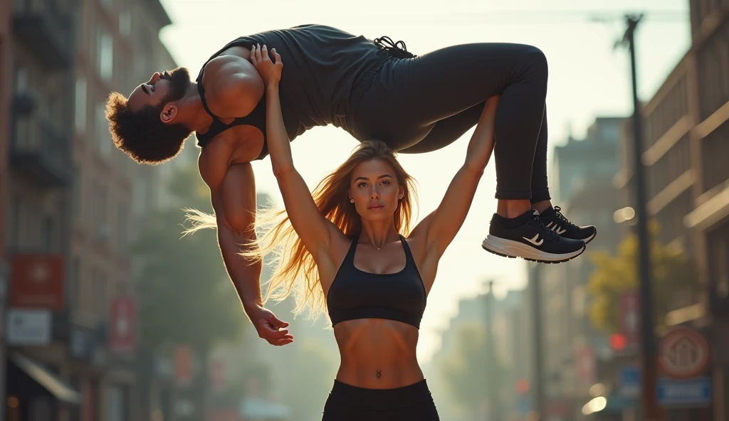 A dainty young Woman in gym attire standing confidently in the street. She lifts a man high over her head. Ultra realistic, photorealistic. Woman is blonde and sexy. Male is a large adult.