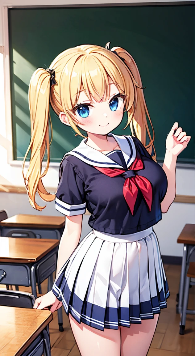 Highest quality,masterpiece,One person,Blonde,Twin tails,Schoolgirl uniform,Short sleeve,mini skirt,Large Breasts,smile,classroom,
