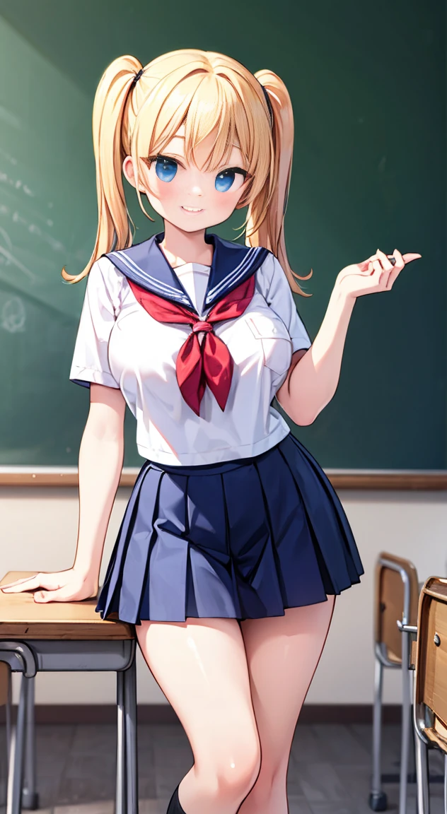 Highest quality,masterpiece,One person,Blonde,Twin tails,Schoolgirl uniform,Short sleeve,mini skirt,Large Breasts,smile,classroom,