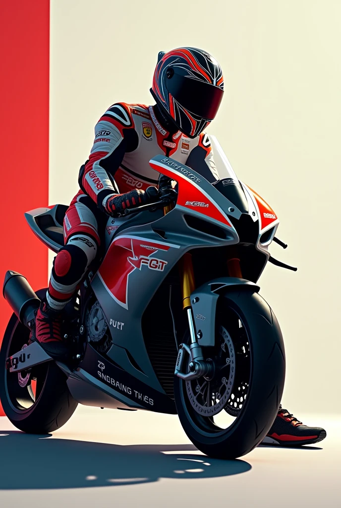 ((best quality)), ((masterpiece)), (detailed), 1man, superbikes rider sitting and leans on his bike, wearing racer wearpack, ninja 150 R 2strokes, low angle camera, nike sneakers, race helmet motif, red white corner line, 