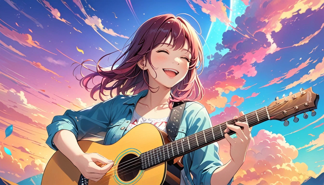 Number of fingers: 5, Colorful sky, An illustration, Anime song thumbnail CG, Uplifting, Playing guitar, A happy smile, Exact finger count, Accurate anatomy, Highest quality, 8k, Accurate guitar shape