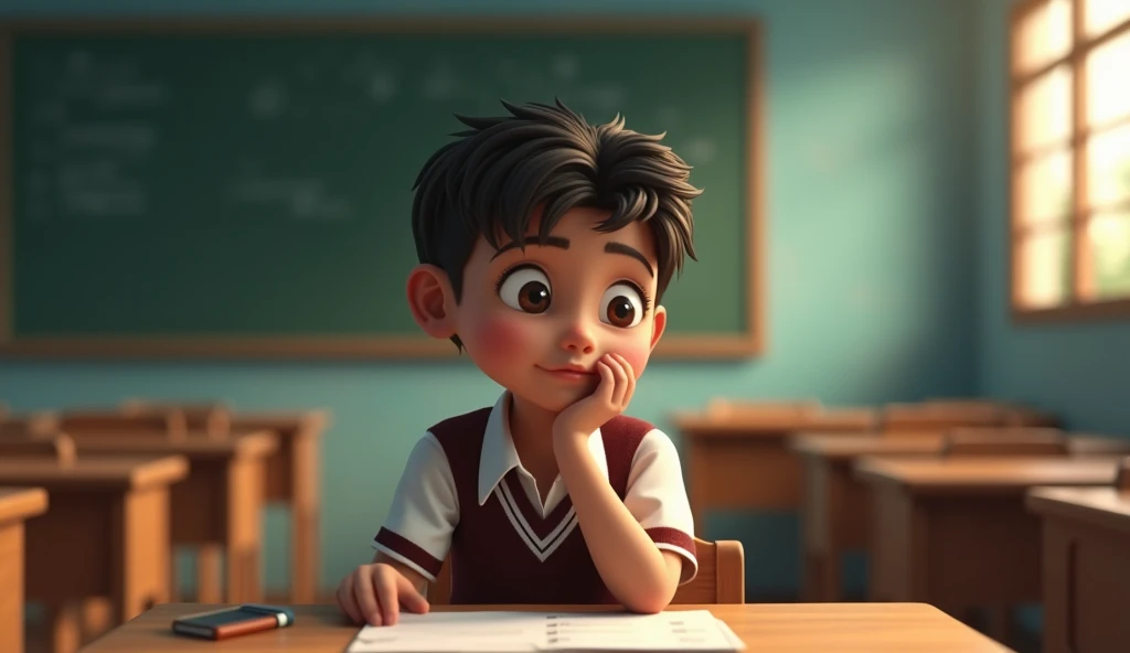 A child aged 20-22 sitting in a classroom thinking about which stream to take after 10th, this image should look real and should be in the Indian environment.