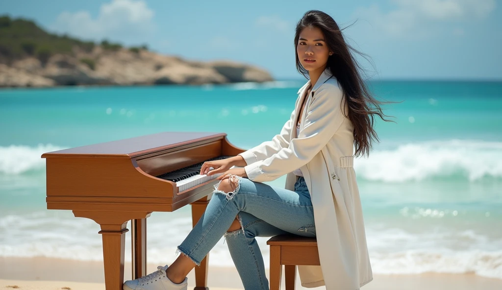 ((best quality)), ((masterpiece)), (detailed), a beautiful, stunning indonesian girl   is playing a piano, she wears white trench coat ripped jeans pants and sneaker. Long hair. She is looking to camera. The background in the beautiful beach of ibiza. 