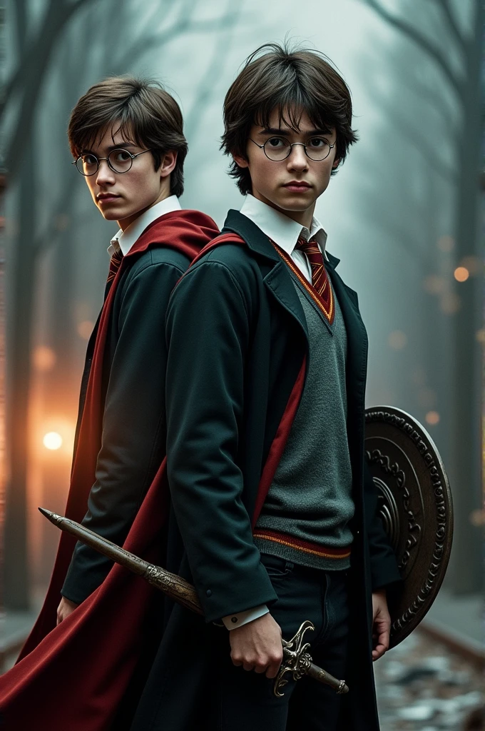Harry potter with magic wand and Percy Jackson with sword and shield