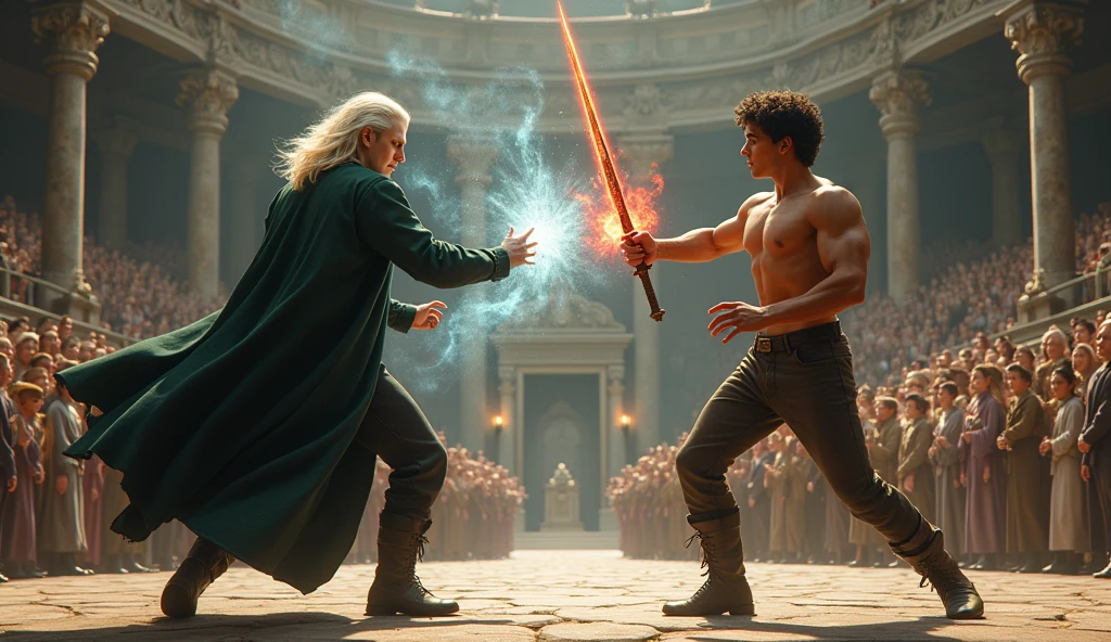 Draco Malfoy, a character from the Harry Potter Films, engages in a duel with Luke Castle, a character from the Percy Jackson Films. The audience cheers. Luke have sword and draco have a wand.