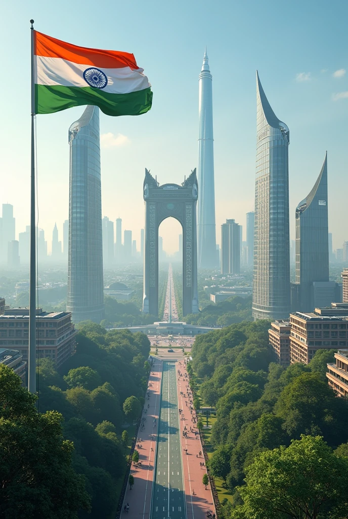India as a developed nation 2047 with a Indian flag inside a new unique modern New Delhi city having smart tall buildings