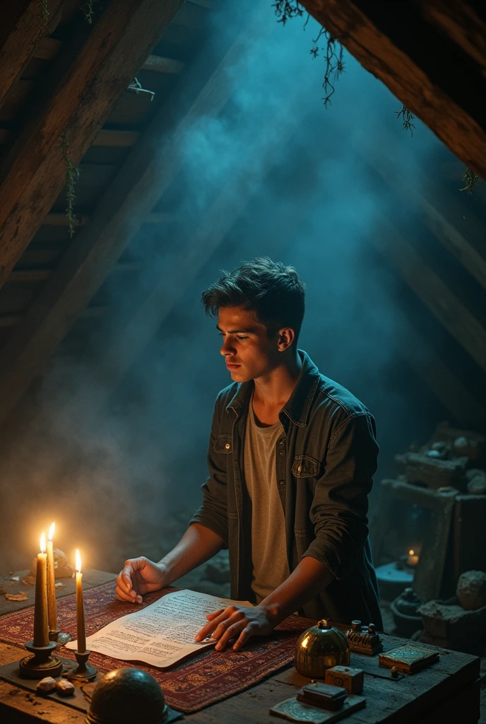 A young man chanting something to summon a spirit inside attic