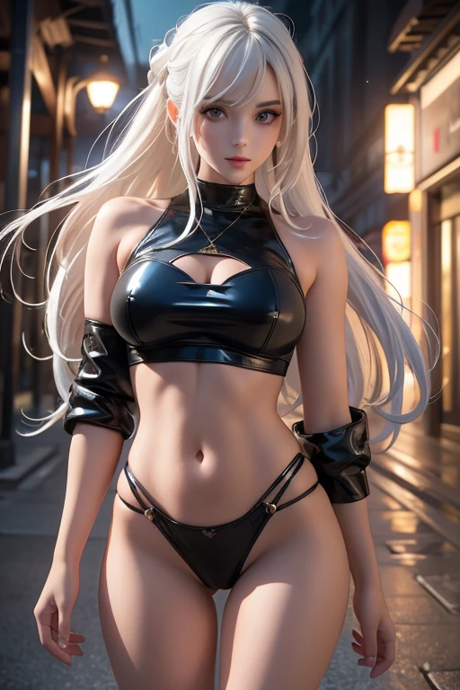 masterpiece, top quality, (One focus), (perfect face:1.1), (high detail:1.1), (hyper detailed eyes), dramatic, A guy with pale skin and long, voluminous white hair, white eyes, One, long hair, Sephiroth, moon, night, white luxury suit, covered navel, Plump lips, wool, arrogant expression, The Rose Garden, detailed background, Art by artgerm, cinematic lighting, roses, fashion, BalenciagaStyle
