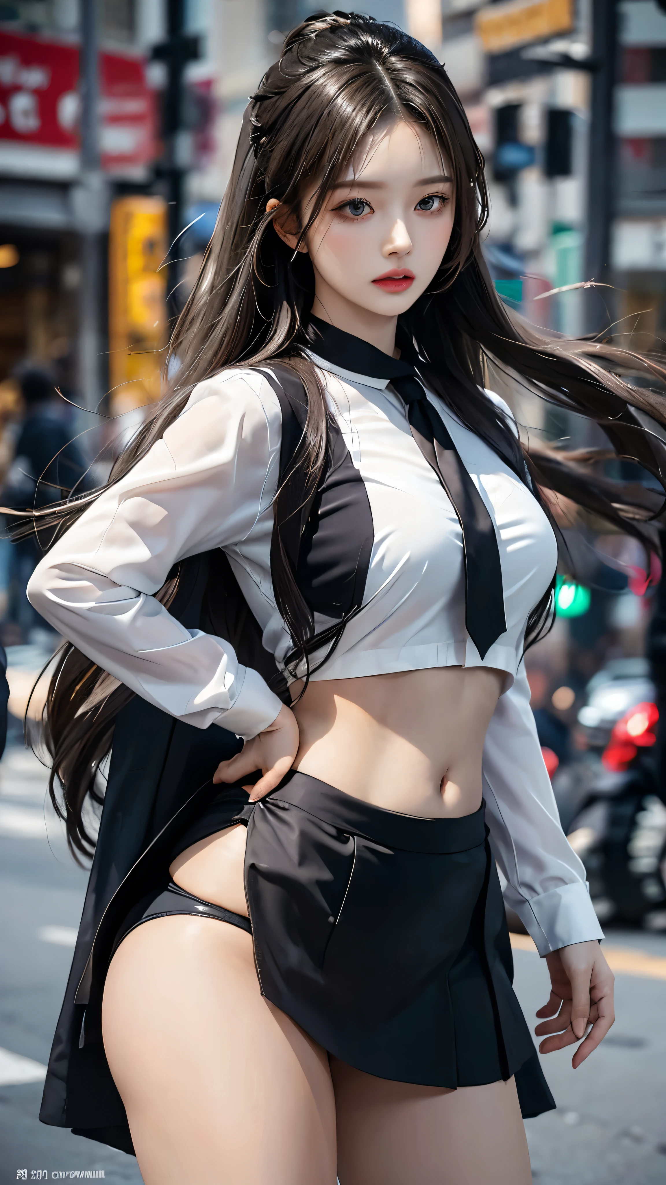 realistic, high resolution, 1 woman, butt up, beautiful eyes, gray hair, long hair, round eyes, collar shirt, belly button visible, black tie, black skirt, city street, Short skirts that show panties, dressed like a student