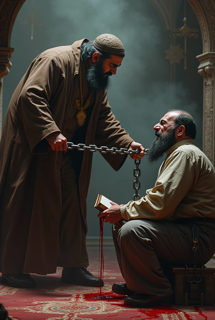Amullah stay in mosque, there is ason sitting in front of him which chained up, also the son held abook and he is reading, the mullah beating the son with the end of chain, there is a blood dripping from the head of the son , and he struggling to stop the blood
