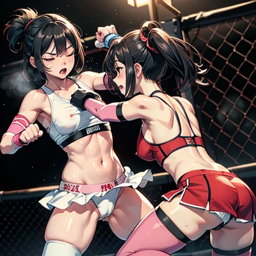  their punches are hitting to each other's cheeks. they are beating each other so hard. bloody beautiful Japanese female fighters are fighting in the octagon. life or death struggle. survival battle. dynamic exciting action in the octagon fighting ring. whole body picture. they are covered in scars and bruises. they are damaged terribry. Short-cut black hair, out of breath, drooling from mouth, one eye is closed, exhausted, drenched in sweat. Erect nipples. open finger glove. Ragged white and pink lined sports bra, high leg panty, Stockings. armwarmers. small breasts, armwarmers. Whittled waistline