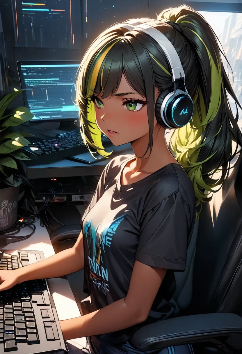 (highest quality:1.2, Very detailed, up to date, Vibrant, Ultra-high resolution, High Contrast, masterpiece:1.2, highest quality, Best aesthetics), Portraiture、girl、((25 years old:1.8)), (slim:1.3), Bright colors、Beautiful fine details、Beautiful lip detail、long hair, (ponytail:1.3), white and yellow green ((streaked hair:1.6)), highlights hair: 1.5, (small breast,:1) (tan skin:1.2), black t-shirt, pants, ((wear headphone:1)), game programer, typing keyboard on the desk PC, sitting gaming chair, glasses, side shot, (cowboy shot:1.1), (look at PC on the desk:1), annoyed, upper body