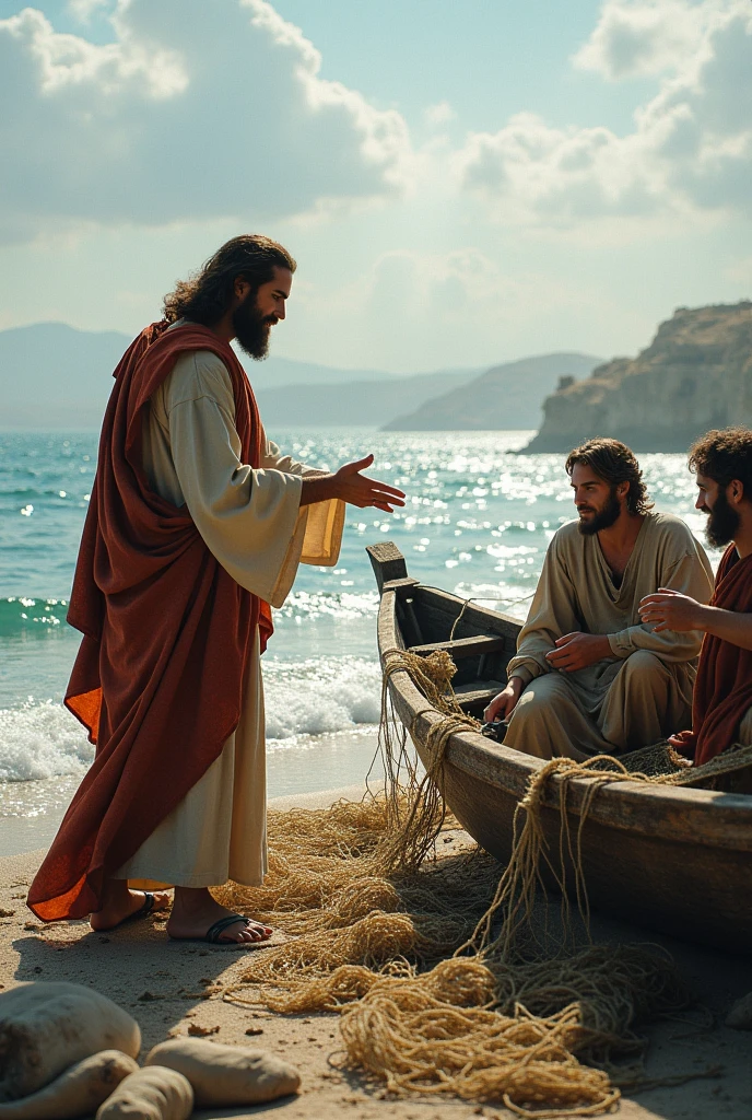 Jesus calling the fishermen by the Sea of Galilee. You could draw Jesus in the act of extending the invitation to Simon and Andrew, and possibly including James and John in the boat mending their nets. The marine setting and the fishing nets would help capture the context of the story and the moment when the disciples respond to Jesus' call..