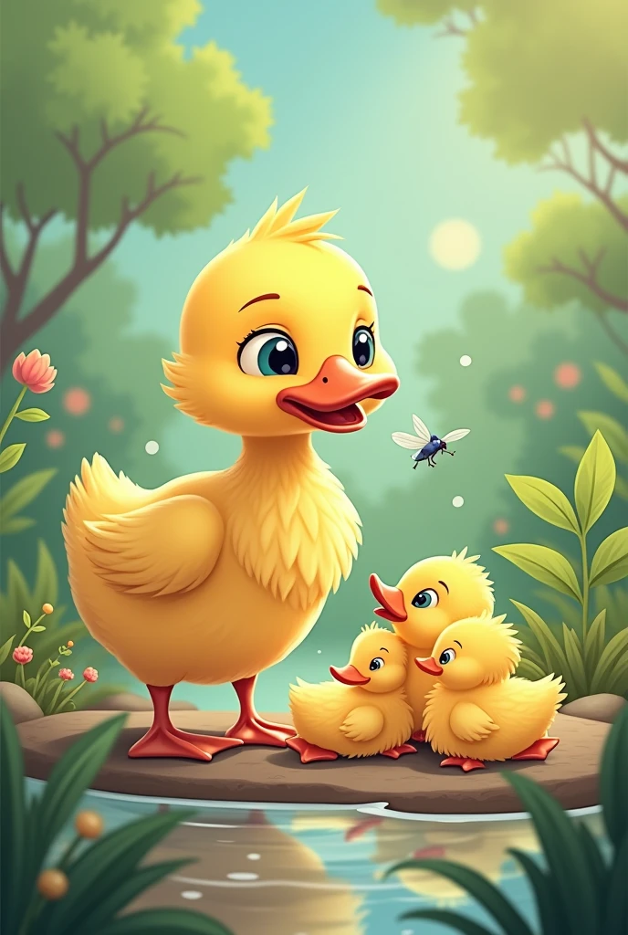 Hungry ducklings and a mother that finding foods cartoon

