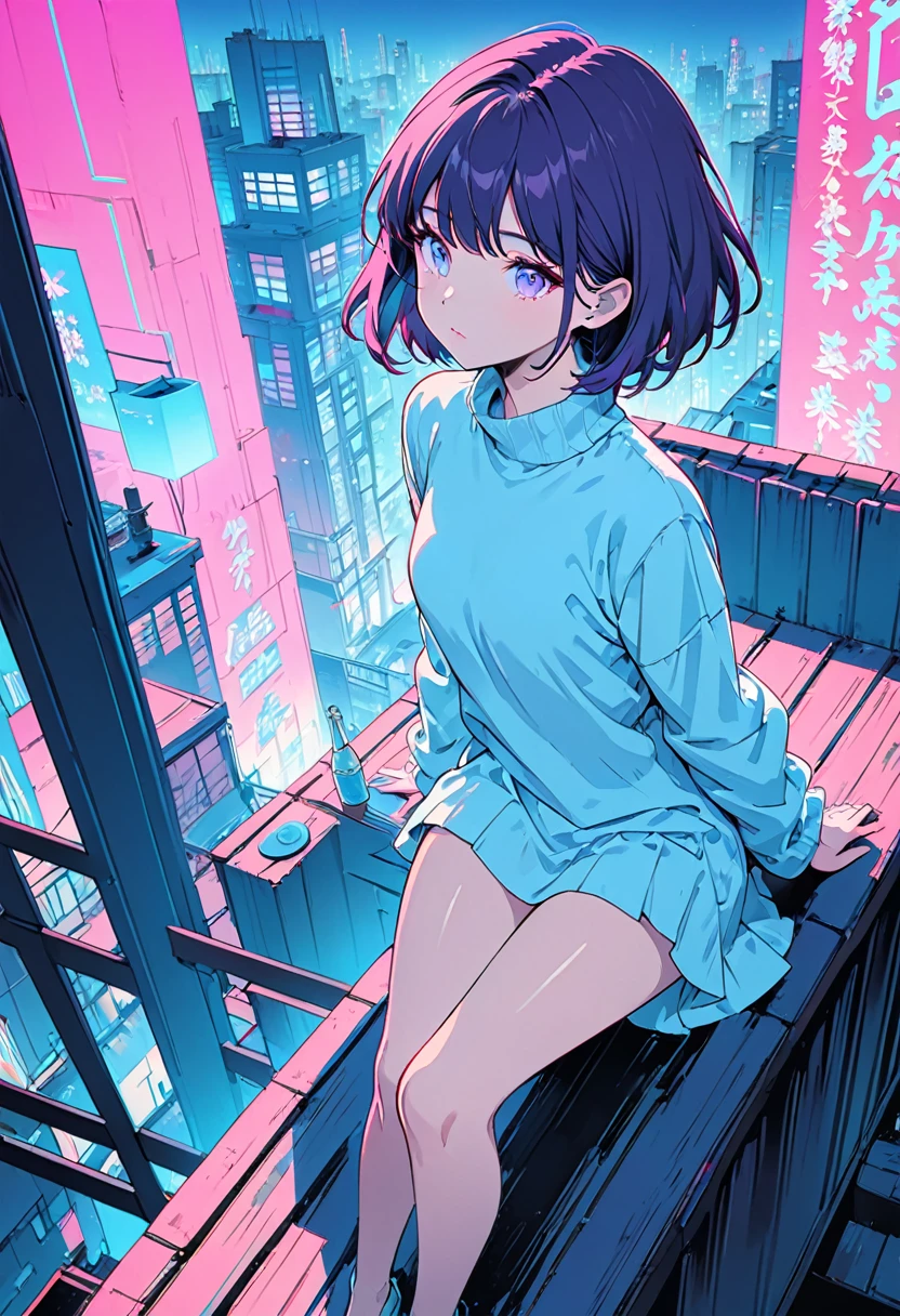 masterpiece,Highest quality,1 Synthwave style girl,Blue outline,Neon lit street,Blue fluorescent paint,alone,From above,Cowboy Shot,Sitting on the roof of a building,Highly detailed CG,Flat Color,Limited edition palette,No Line Art,silhouette,Partially colored,Alternative color,Dynamic Angle,Blue long top champagne,Purple Shadow,Synthwave,chromatic aberration,(alone focus),Perfect Shadow,Completely naked,Delicate face,,Beautiful and delicate eyes,Short Bob Hair,Delicate background,Blue Neon Light,