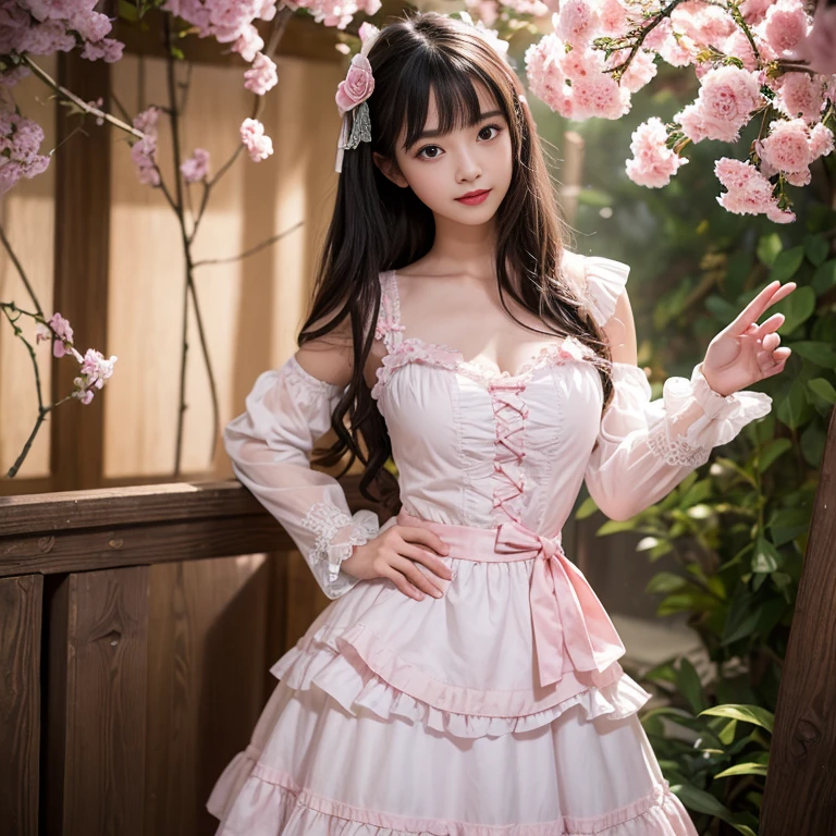 Side view,side angle, Bow tie at the back of the waist, There is a bow on the back，Sideways photo, Skirt length to calf, cupcake dress, Layered skirt with lace on each layer, Put on a lolita dress, layered dress, Pink Lolita dress, lots of lace, Long sleeve, Wide sleeves, Big Skirt, Layered lace skirt, Lace skirt，Puff sleeves, Wide sleeves, Transparent sleeves, intricate details showcase the ruffles and intricate designs of the Lolita dress, Wearing a lolita dress, in a sea of flowers, best quality, Delicate face，beautiful visual work, lifelike, eternity, black hair, Long curly hair, blunt bangs, Smile, Detailed Background, Delicate face，blush，cold，((masterpiece))、(top quality)、8k、high detail、Super detailed，41 years old，woman， masterpiece、born、Scenes resembling fairy tale illustrations、intricate details和複雜的設計、Beautifully、magic、capricious、 Beautifully、Dream aesthetics、「𝓡𝓸𝓶𝓪𝓷𝓽𝓲𝓬、ethereal、charming、fickle、magic」、realism、Visual effects、FXAA、SSAO、Shader、voiceless、ambient lighting、Tone mapping、High resolution、Ultra high quality、Million pixels、(8K resolution:1.10)、8k、8k以下、8K resolution、high detail、intricate details， (high quality:1.2、masterpiece:1.2、:1.21)、(41 years old，woman:1.21)、(興奮地Smile)、(Surrounded by a dreamy atmosphere、Model diagram，full-body shot，Normal 2 feet，Put your hands behind your back，Breast protrusion visible when wearing clothes, Large Breasts, H cup chest, pink dress, Don't show your fingers, full-body shot， full-body shot，full-body shot，full-body shot，full-body shot，full-body shot，full-body shot，full-body shot，Hands hidden in clothes, Hands hidden in clothes,Hands hidden in clothes,Hands hidden in clothes,Hands hidden in clothes,Hands hidden in clothes,Hands hidden in clothes,Hands hidden in clothes,Hands hidden in clothes, ,Hide your hands in your sleeves ,Hide your hands in your sleeves ,Hide your hands in your sleeves ,Hide your hands in your sleeves ,Hide your hands in your sleeves ,Hide your hands in your sleeves ,Hide your hands in your sleeves ,Hide your hands in your sleeves,skirt length to calf, full body photo,full body view,side view