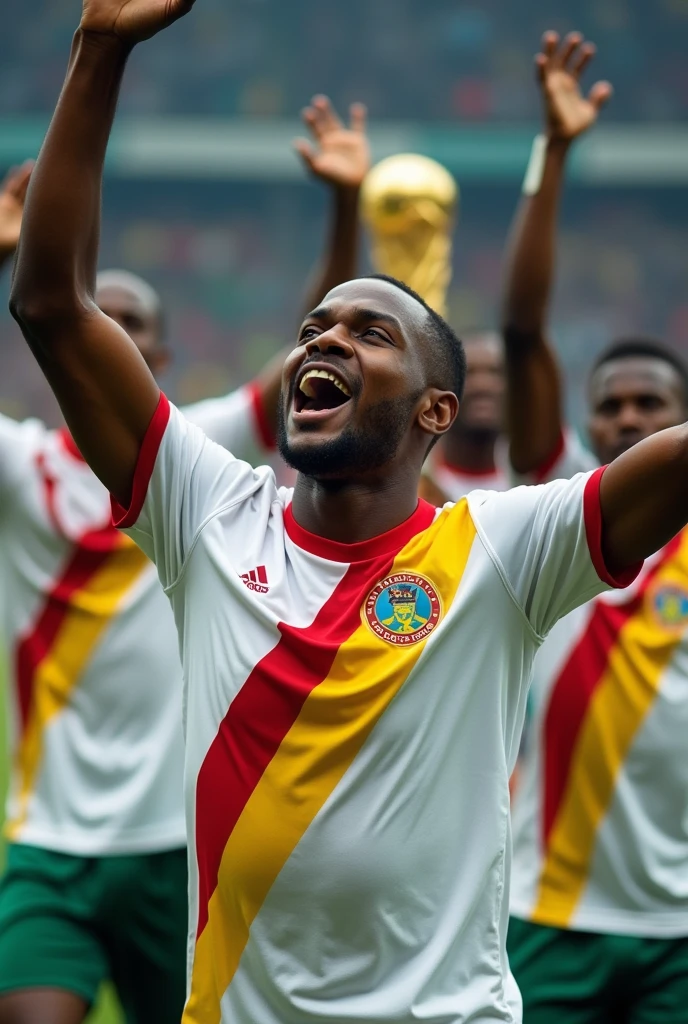 L'équipe national de la RDC maillot blanc avec une barre au millieu en rouge jaune avec le drapeau 🇨🇩 qui remporte la coupe du monde en battant la France en final