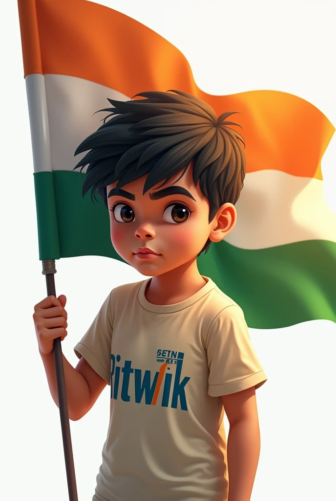 Create a image of boy who hold Indian flag in hand and write Ritwik on boy t-shirt 