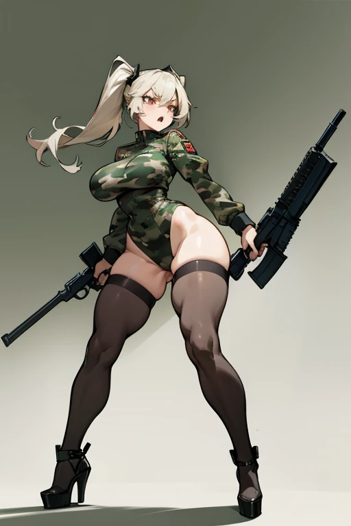 Young girl, Pullover, militar high cut leotardo, whole body to see, disgusting face, angry, scream, pigtails hair , (( very wide hips)), (((colossal Thighs, gigantic thighs, very huge thighs, very big thighs))), fullbody, platform heels, pale skin, big breast, gun, soldier girl , stockings , standing, front pose, blond, muscular girl, fit girl, ABS, militar camouflage, sleveless, shoulderless,