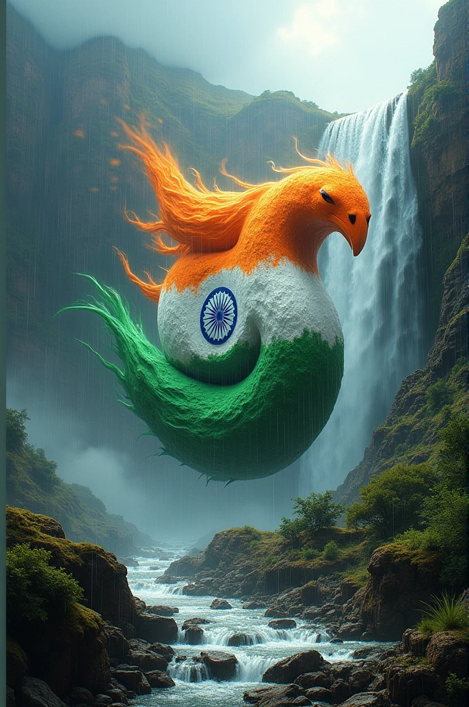 Indian flag colored Shankar letters, falls, mountains, rain fall, thundering