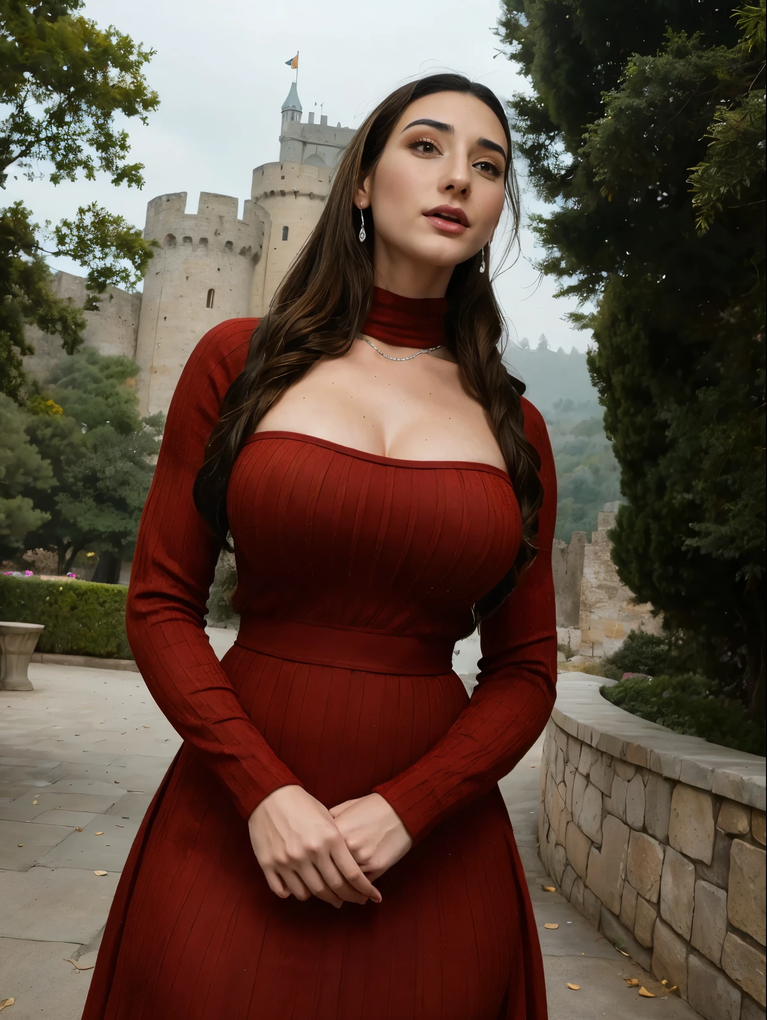 Gorgeous and sultry busty athletic (thin) brunette queen with sharp facial features wearing a modest updo, dark red medieval dress, long sleeves, intricate patterns, scrollwork, wide neck, crown, veil, long dress, modest dress, tight bodice, (silver waist chain), medieval jewelry, Middle Ages, castle, rampart, wall, exterior, hillside, sunrise, trees.