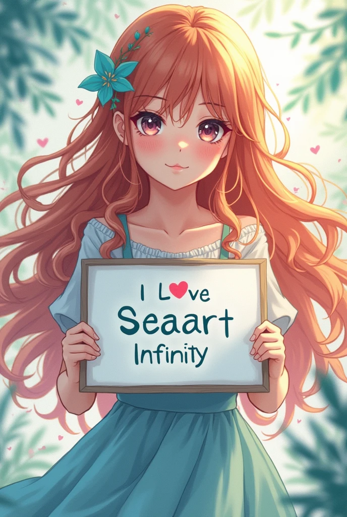 Beautiful anime girl with wavy long hair, bohemian dress, holding a white board with text "I Love Seaart Infinity" and showing it to the viewer
