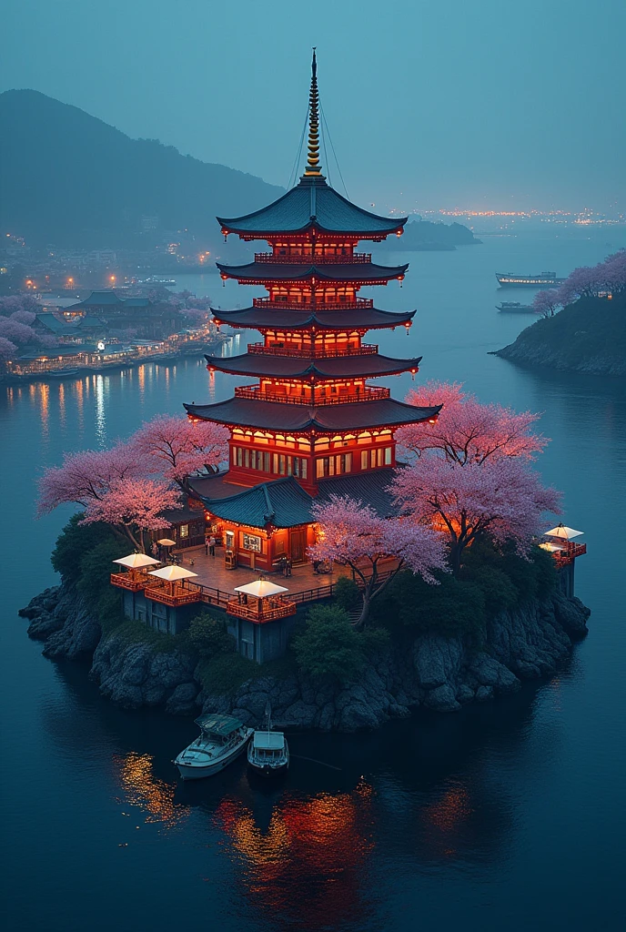 pagoda epic scale surrounded by shops asian chinese Japanese style in the ocean island surrounded by small ports with merchant boats, island with cherry blossom, night time, festive aerial shot many boats island surrounded by ports, island central point, cyberpunk signage neon floating, asian japanese chinese busy shops pagoda with neon signages like hologram, cherry blossoms, festive, night, cyberpunk futuristic